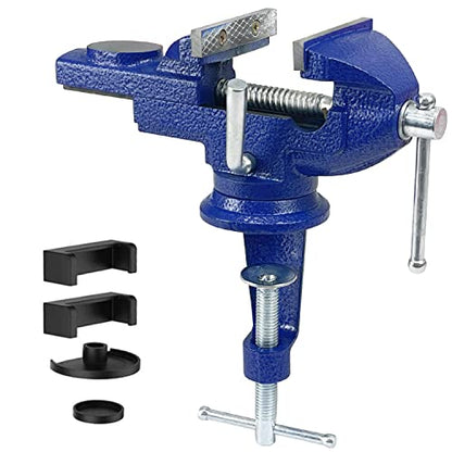Sutekus Home Vise Clamp-On Vise Heavy Duty Bench Vise Universal Table Vise 360°Swivel Base Work Bench Vise for Woodworking, Cutting Conduit, Drilling, Metalworking (3" Blue) - style: 3" Blue