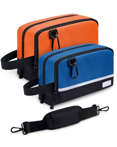 2 Pack Small Tool Bags Zipper Pouch for Organizing, with Adjustable Shoulder Strap & Carabiner, Utility Small Tool Pouch with Multi Pocket Compartments and Label Area (12" & 10") - color: Blue/Orange