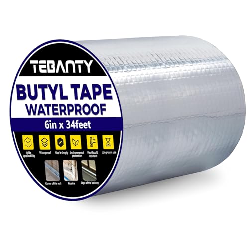 Butyl Tape Waterproof Sealing Tape 6Inch x 34Feet, Aluminum Foil Tape, Butyl Sealant Tape for Pipe Sealing, RV Repair, Window, EDPM Roof Leak Patching, Boat and Pipe Sealing - size: 6 inch x 34 feet