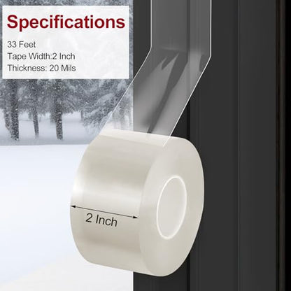 Litaibai Transparent Window Weather Sealing Tape - 2-Inch x 33 Feet, Airtight Insulation Tape that Blocks Drafts, No Residue Removable Adhesive