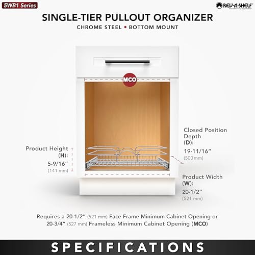 Rev-A-Shelf Kitchen Cabinet Pullout Shelf and Drawer Organizer Slide Out Pantry Storage Basket in Multiple Sizes, 21 x 20 In, 5WB1-2120CR-1 - size: 21" W X 20"d, style: Single Tier