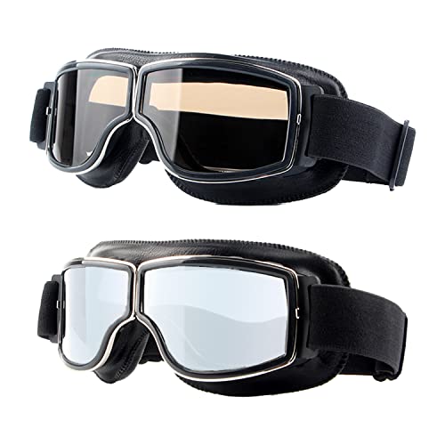 LJDJ Motorcycle Goggles,2 Pack Vintage Anti Fog Pilot PU Leather Glasses Dustproof ATV Off Road Motorbike Helmet Eyewear Protect for Ridding Motorcross Classes Aviator Goggles for Men Women Adult - color: Black Frame/Tawny+silver Lens