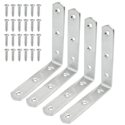 4 Pcs Stainless Steel Corner Brace L Bracket, 4*4*0.8 inch / 100*100*20mm Iron Right Angle Brackets, Metal Joint Right Angle Bracket for Tables, Furniture, Shelves with Screws - size: 4"- 100mm-Silver
