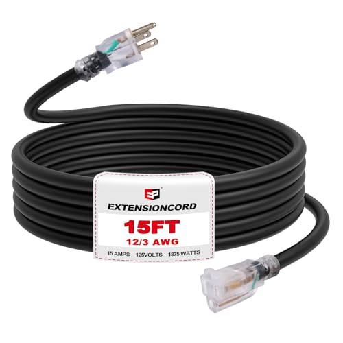 EP 15 Ft Outdoor Extension Cord, 12/3 SJTW Heavy Duty Waterproof Power Cable, 3 Prong Grounded Plug, Lighted End, for Lawn, Garden, Appliances, Black - color: Black, size: 15ft