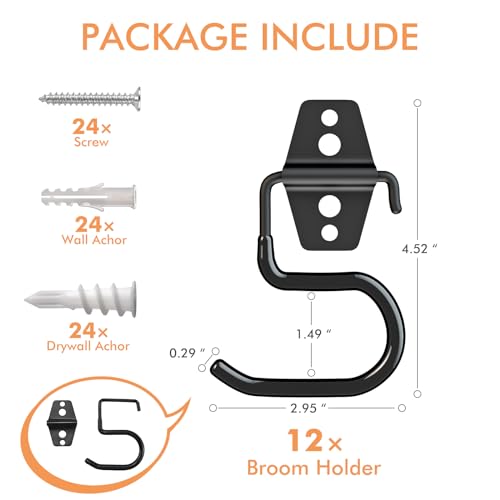 LIGHT DUST Broom Holder Wall Mount - 12 Pack Tool Hangers Garage Wall Hanging Organizer - Heavy Duty Metal Large S Hooks for Mop Shovel Rake Shed Garden Lawn Yard Handle Tools Organization (Black)
