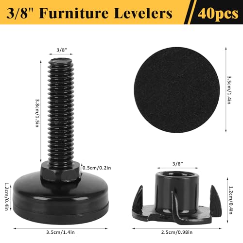 40 Pcs Adjustable Leveling Feet with T-Nut Kit, 3/8”-16 Thread Furniture Levelers, Metal Adjustable Feet, Heavy Duty Legs Height Adjuster for Table, Chair, Desk, Cabinets, Sofa(Black)