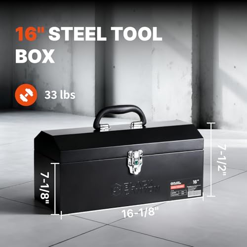 Black Canyon 16 Inch Tool Box, Metal Tool Box, 0.8mm Carbon Steel, Portable&Padlockable, 4 Non-Slip Foot Pads, Ideal for Trailer, Mechanic, DIY-ers, Car Toolbox, Workshops, Garages, Repair Shops - size: 16-1/8 in
