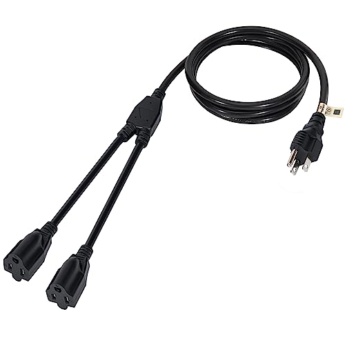2 Way Power Cord Splitter Cable 10 Ft-3 Prong 1 to 2 Extension Cord-Outlet Saver-Elecan Male to Female Y Splitter Power Extension Cable Strip–UL Certified SJTW 16 Gauge 13 A/125 V–Black - size: 10 FT