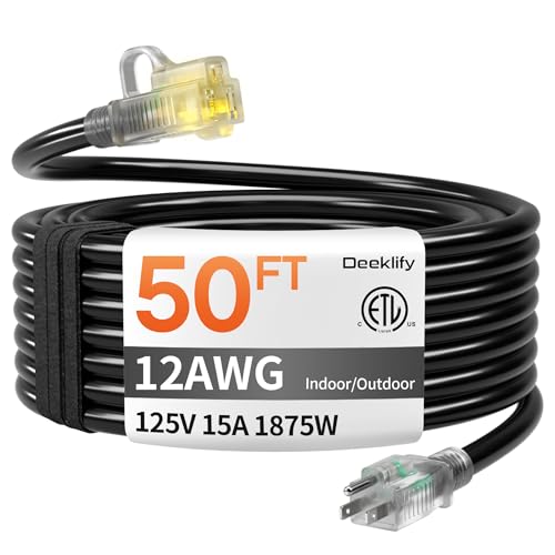 12 Gauge 50 FT Heavy Duty Outdoor Extension Cord Waterproof with Lighted End,Black 12 Gauge Extension Cord Flexible and Cold Resistant 3 Prong Grounded Plug,15Amp 1875W SJTW ETL Listed - size: 50FT-1pc