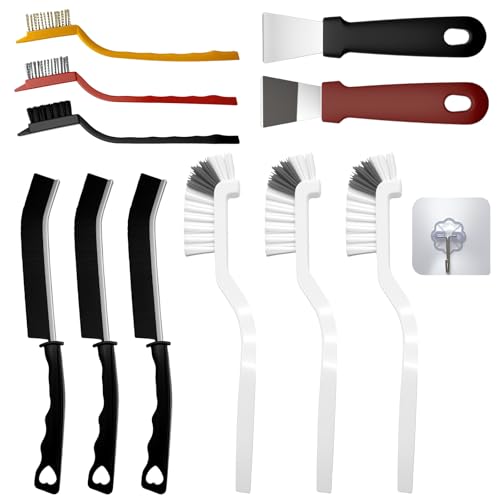 12Pcs Crevice Cleaning Brush Set, Hard Bristle Small Cleaning Brushes for Household Use with Scraper & Hook, Multi-Purpose Cleaning Tool for Kitchen, Bathroom, Grout, Corners, Tight Spaces