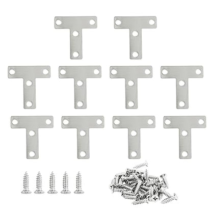 Hordion Stainless Steel Flat Corner Brace - 10Pcs 2 x 2 Inch T Bracket, Heavy Duty Right Angle Repair Plates with Screws - size: 2" x 2" (Silver), style: T-Shape