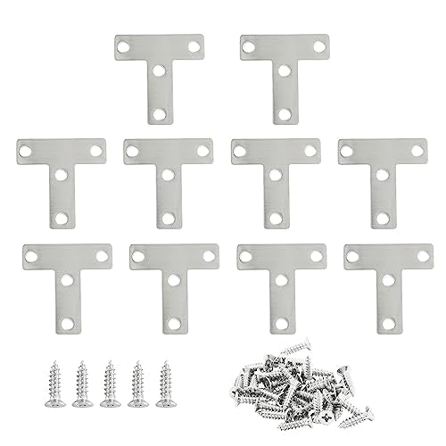 Hordion Stainless Steel Flat Corner Brace - 10Pcs 2 x 2 Inch T Bracket, Heavy Duty Right Angle Repair Plates with Screws - size: 2" x 2" (Silver), style: T-Shape