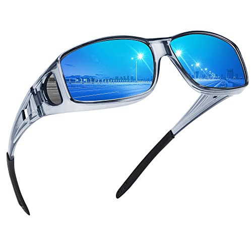 MEETSUN Fit Over Glasses Sunglasses for Men Women,Wrap Around Sunglasses Polarized UV400 Protection - color: (Z1)clear Gray Frame-blue Mirror Lens
