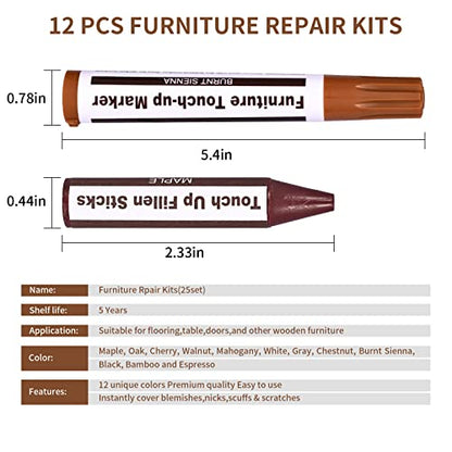 Furniture Repair Kit Wood Markers - Markers and Wax Sticks for Stains, Scratches, Wood Floors, Tables, Desks, Carpenters, Bedposts, Touch Ups, and Cover Ups (25)