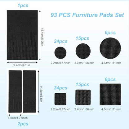 93pcs Anti Slide Furniture Grips,8 Sizes of Nons Slip Pad, 3 Styles of Noise-Reducing Self-Adhesive Non Slips Pad, Chair Leg Floor Protectors for Various Furniture Legs, Black