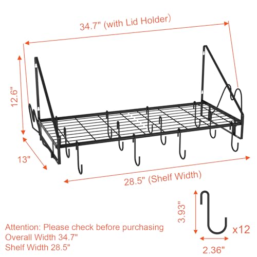 VyGrow 28 Inch Pot Rack Wall Mounted, Pots and Pans Organizer with 12 Hooks and 2 Pot Lid Holders, Heavy Duty Steel Pot and Pan Hanger for Kitchen Cookware Utensils Storage 34.7" Lx13 Wx12.6 H - color: 28"W 1 Tier Black
