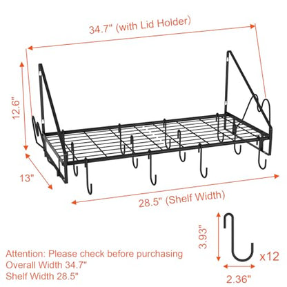 VyGrow 28 Inch Pot Rack Wall Mounted, Pots and Pans Organizer with 12 Hooks and 2 Pot Lid Holders, Heavy Duty Steel Pot and Pan Hanger for Kitchen Cookware Utensils Storage 34.7" Lx13 Wx12.6 H - color: 28"W 1 Tier Black
