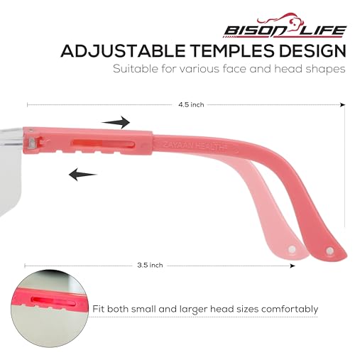 BISON LIFE Anti Fog Clear Safety Glasses with Adjustable Temple & Side Protection, Wraparound Anti-Scratch Lens, Clear Lens & Pink Temple, Lab Goggles, Mowing, Gardening & More (Pack of 3) - color: Clear/Pink