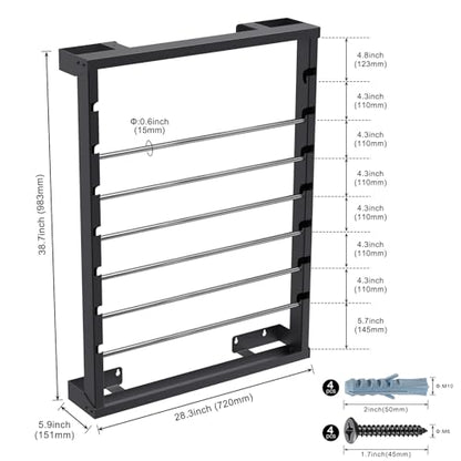 SELEWARE Heavy Duty Wall-Mounted Wire Spool Rack – Cable Reel Holder and Dispenser with 6 Adjustable Stainless Steel Rods for Industrial, Electrical, and Retail Storage and Display (Black) - color: C: Black Wall Mounted Wire Spool Rack (6 Rods)