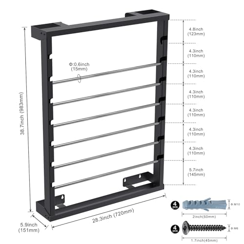SELEWARE Heavy Duty Wall-Mounted Wire Spool Rack – Cable Reel Holder and Dispenser with 6 Adjustable Stainless Steel Rods for Industrial, Electrical, and Retail Storage and Display (Black) - color: C: Black Wall Mounted Wire Spool Rack (6 Rods)