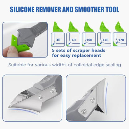 11pc Caulk Remover Tool,5 in 1 Silicone Caulking Tools,Grout Removal Stainless Steel Caulk Tool Kit with 5 Exchange Silicone Head, 4pc Glass Glue Angle Scraper,2pc blade for Kitchen,Bathroom