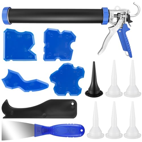 Lasnten Sausage Caulk Gun Kit 600ml/20oz Heavy Duty Silicone Sausage Gun Thrust Ratio 25: 1no-drip Rotating Aluminum Tube Body and Caulking Tools, Sealant Grout Scraper for Kitchen Bathroom Sink Joint