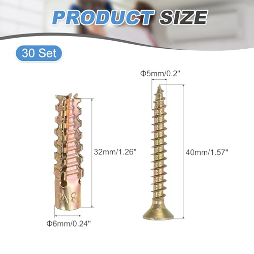 PATIKIL 30 Pcs Drywall Hollow Wall Anchors with Screws 0.2 x 1.57, Steel Dry Wall Anchors Kit for Wooden Concrete Plaster Hinge Hole Repair, Brass (6 x 32mm) - size: 6 x 32mm
