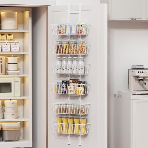 6 Tier Over the Door Pantry Organizer, Foldable Metal Over the Door Hanging Spice Rack with 6 Baskets, Adjustable Hanging Storage Rack for Kitchen, Bedroom, Laundry Room, Bathroom Essentials, White - color: White, size: 6-Tier
