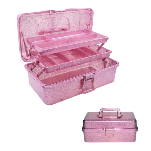 12.2inch 3-Layer Art & Craft Tool Storage Box, Beautiful Sewing Supplies Organizer, Plastic Portable Fishing Tackle Boxes, for Art Supply, Makeup, Hair Accessories, Painting Tools (Pink) - color: Pink