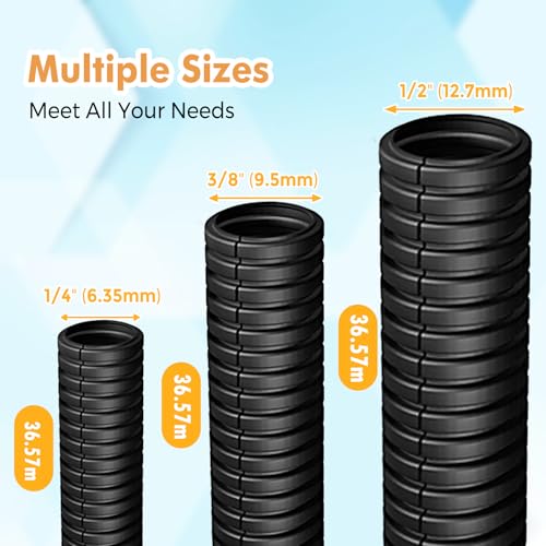 Automotive Wire Loom Flame Retardant Split Wire Loom Tubing Assortment Wiring Loom Kit Plastic Cover Electrical Covering Conduit Protective Wire Wrap Cable Sleeves Black 1/4", 1/2", 3/8" x 120 Ft - size: 1/4, 1/2, 3/8 Inch-120ft