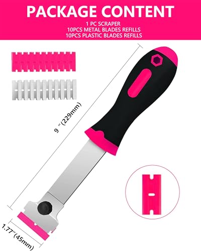 Razor Blade Scraper,Long Handle Razor Scraper with 10 Plastic and 10 Metal Blades - Perfect for Removing Labels, Stickers, Registration Stickers, and Grease from Windshields, Tint, and Glass (Pink) - color: Pink