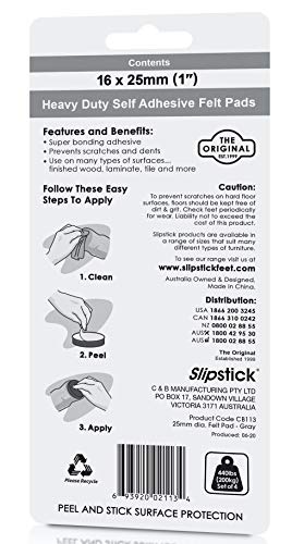 Slipstick Premium Wool Felt Furniture Feet Pads/Chair Leg Floor Protectors (1 Inch Round) Includes 16 Wool Blended Felt Feet Pads with Peel and Stick Adhesive, Gray, CB113 - size: 1" Round