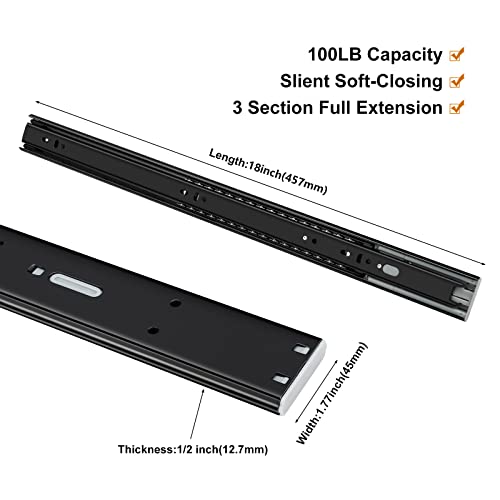 LONTAN 2 Pair 18 inch Soft Close Drawer Slides Heavy Duty Cabinet Rails Kitchen Replacement 3 Section Full Extension Ball Bearing Drawer Rails Cabinet Runners 100lb Capacity - color: Black, size: 18 Inch