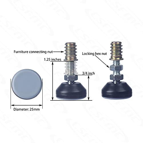 Furniture Leveler Swivel Feet (25mm 1/4-20,8 Pack) PTFE(Teflon) Bottom,Threaded Shank Adjustment Pads,Table/Chair/Cabinet/Sofa Medium Legs Leveling,Nuts Installation and Floor Protection - size: 8 Pack,25mm Base 1/4-20