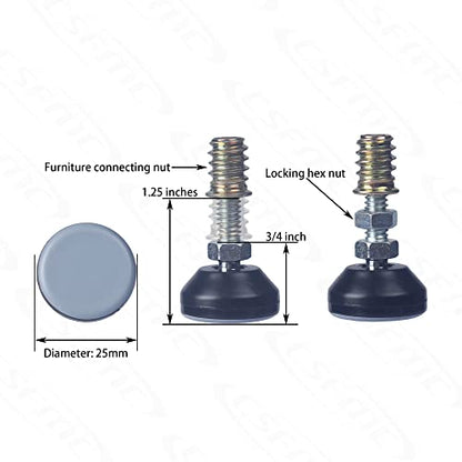 Furniture Leveler Swivel Feet (25mm 1/4-20,8 Pack) PTFE(Teflon) Bottom,Threaded Shank Adjustment Pads,Table/Chair/Cabinet/Sofa Medium Legs Leveling,Nuts Installation and Floor Protection - size: 8 Pack,25mm Base 1/4-20