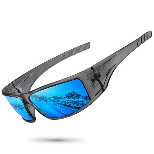 Polarized Sports Sunglasses for Men Women Unbreakable Frame Cycling Fishing Wrap Around Sunglasses UV400 Protection - color: 1-clear Gray Frame/Blue Mirror Lens