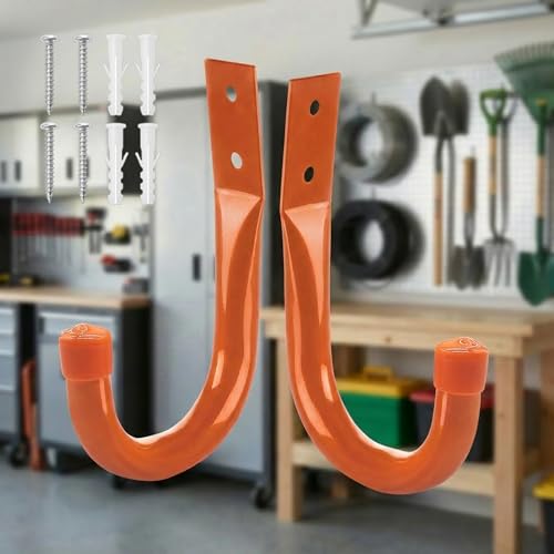 Heavy Duty Metal Wall Hooks 2 Pack, Large 3.5" Utility J Hooks for Garage Organization and Storage, Wall Mount Hangers for Extension Cords Tools Coats Backpacks and Bags, Indoor Outdoor Use, Orange - color: Orange