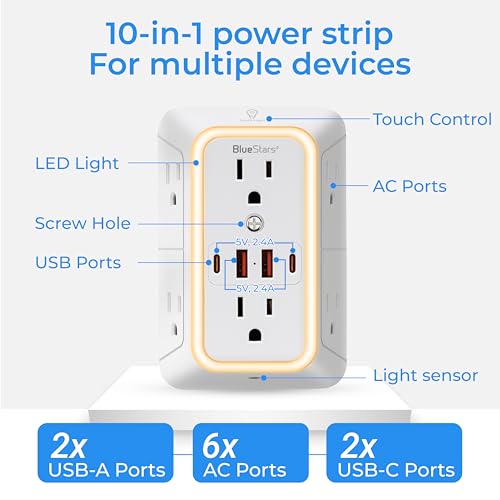 Wall Mount Power Strips Wall Charger 6 Outlet Extender 4 USB Ports (5V, 2.4A, 12W) and Night Light 3-Sided Power Strip with Adapter Spaced Outlets - Multi Plug Outlet Surge Protector for Home Office