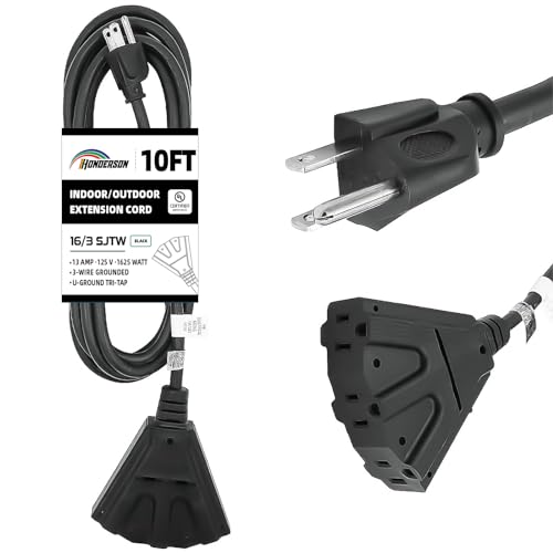 3-Outlets Indoor Outdoor Extension Cord Weatherproof, UL Certified, 16 Gauge 10FT Black 3 Prong Heavy Duty, 16/3 SJTW 13A Power Cord - color: Black, size: 10ft
