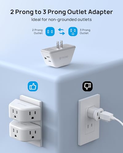 TROND 2 Prong to 3 Prong Outlet Adapter 2 Pack, 3-Way Angled Wall Extender with 3 AC Sockets, Plug Expander for Non-Grounded Outlets in Old House, Cruise Ship Essentials, White - color: White, size: 3AC-2 Prong Plug, 2 Pack