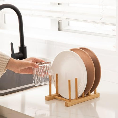 HBlife 4pcs Bamboo Dish Plate Bowl Cup Book Pot Lid Cutting Board Drying Rack Stand Drainer Storage Holder Organizer Kitchen Cabinet（Keep Dry） - color: Bamboo 4 Slots 4pcs