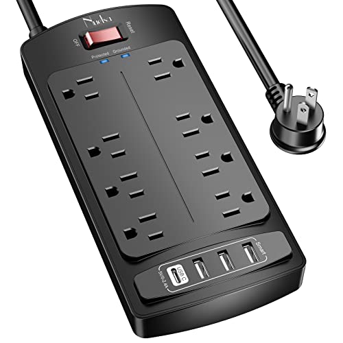 Surge Protector Power Strip - Nuetsa Flat Plug Extension Cord with 8 Outlets and 4 USB Ports, 6 Feet Power Cord (1625W/13A), 2700 Joules, ETL Listed, Black - color: Black, size: 6 Ft