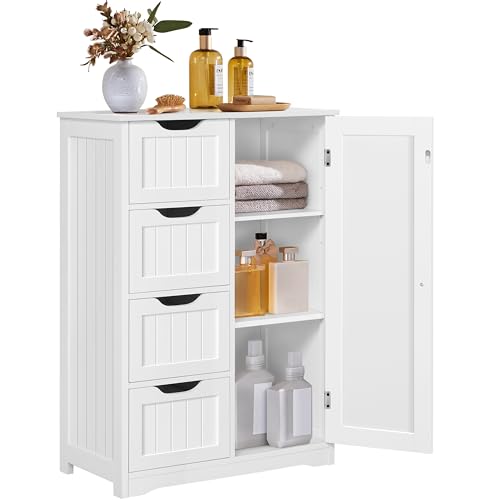 Yaheetech Wooden Floor Cabinet, Side Storage Organizer with 4 Drawers and 1 Cupboard, Freestanding Entryway Storage Unit Console Table, Bathroom Furniture Home Decor, White - color: White, size: 22 x 12 x 32.5 In (LxWxH)