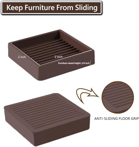 2x2 Square Rubber Furniture Caster Cups, Anti-Sliding Furniture Pads Bed Stopper Floor Protectors with Grip - Protect Any Flooring - size: 12 Pcs Brown