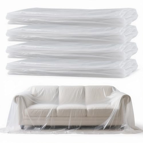 4 Pack Plastic Drop Cloth for Painting, Clear Thick Plastic Sheeting, Large Painters Paint Tarp, Dust Cover for Couch Floor Carpet, Furniture Protectors - Home Renovation Remodeling Cleaning, 8x12 Ft