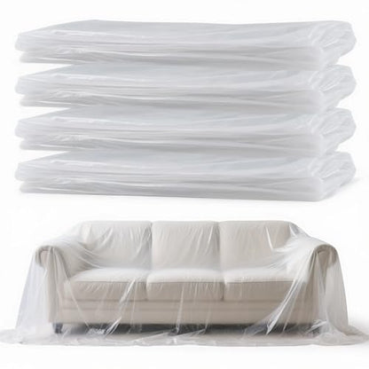 4 Pack Plastic Drop Cloth for Painting, Clear Thick Plastic Sheeting, Large Painters Paint Tarp, Dust Cover for Couch Floor Carpet, Furniture Protectors - Home Renovation Remodeling Cleaning, 8x12 Ft