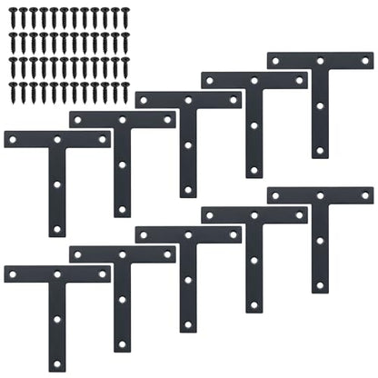 Mooche T Flat Brackets for Wood, Corner Bracket Black Corner Brace Mending Plate Repair Stainless Steel Flat Braces for Tables Chairs Sofas Beds Cabinets Doors (10Pack T-Shaped 120mmX120mm Black)