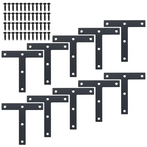 Mooche T Flat Brackets for Wood, Corner Bracket Black Corner Brace Mending Plate Repair Stainless Steel Flat Braces for Tables Chairs Sofas Beds Cabinets Doors (10Pack T-Shaped 120mmX120mm Black)