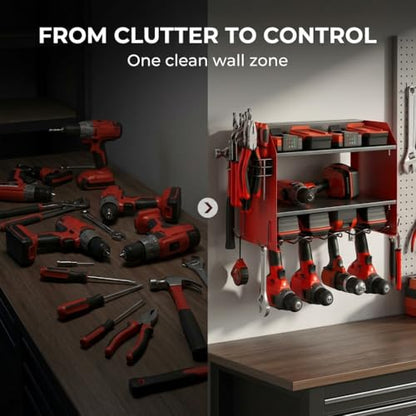 Heavy Duty Power Tool Organizer – 4 Drill Holders, Pegboard, Side Racks – Garage Storage Rack for DIYers – Metal Power Tool Shelf, Easy Install – Red