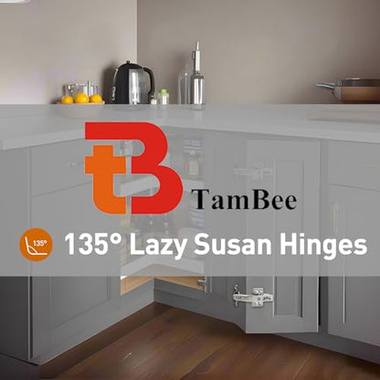 TamBee 135 Degree Lazy Susan Hinge, 48mm Corner Kitchen Cabinet Hinges, Concealed, 3D Adjust for Corner Door, Cupboard Hinges Replacement, Brushed Nickel 2 Pack - style: 135° Detachable
